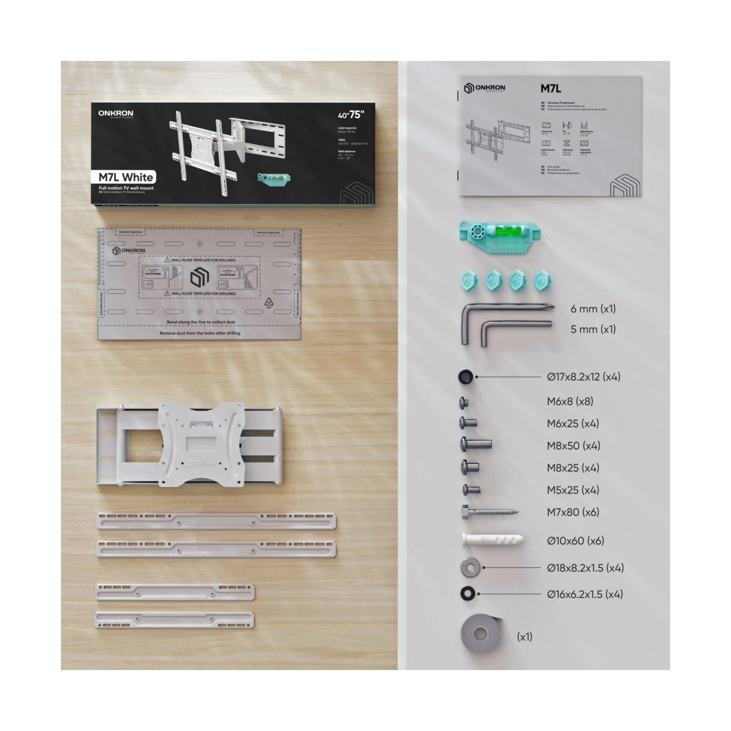 Onkron Full Motion TV Wall Mount for 40 to 75-inch Flat Panel TVs Digital Panels 68,2 kg, White