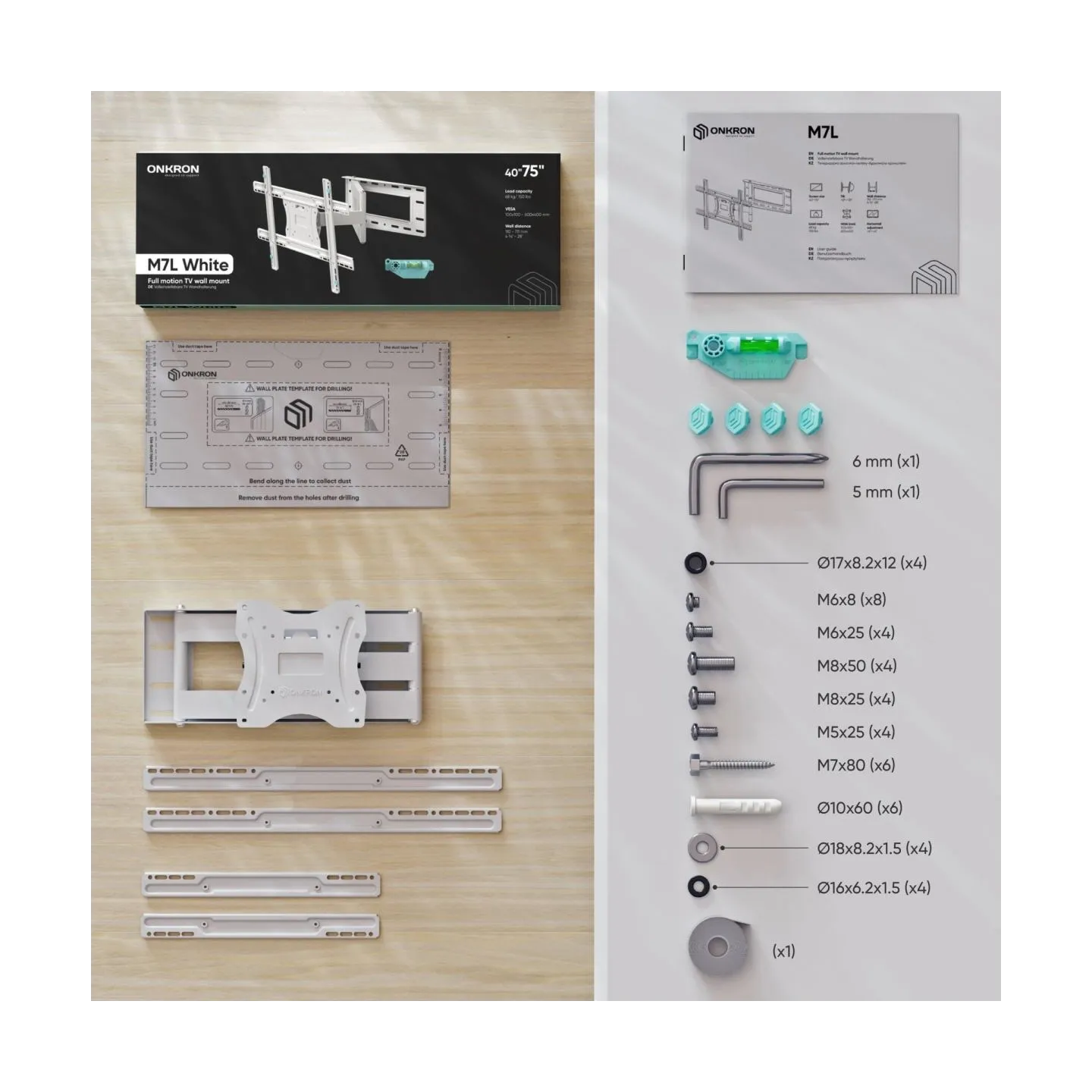 Onkron Full Motion TV Wall Mount for 40 to 75-inch Flat Panel TVs Digital Panels 68,2 kg, White
