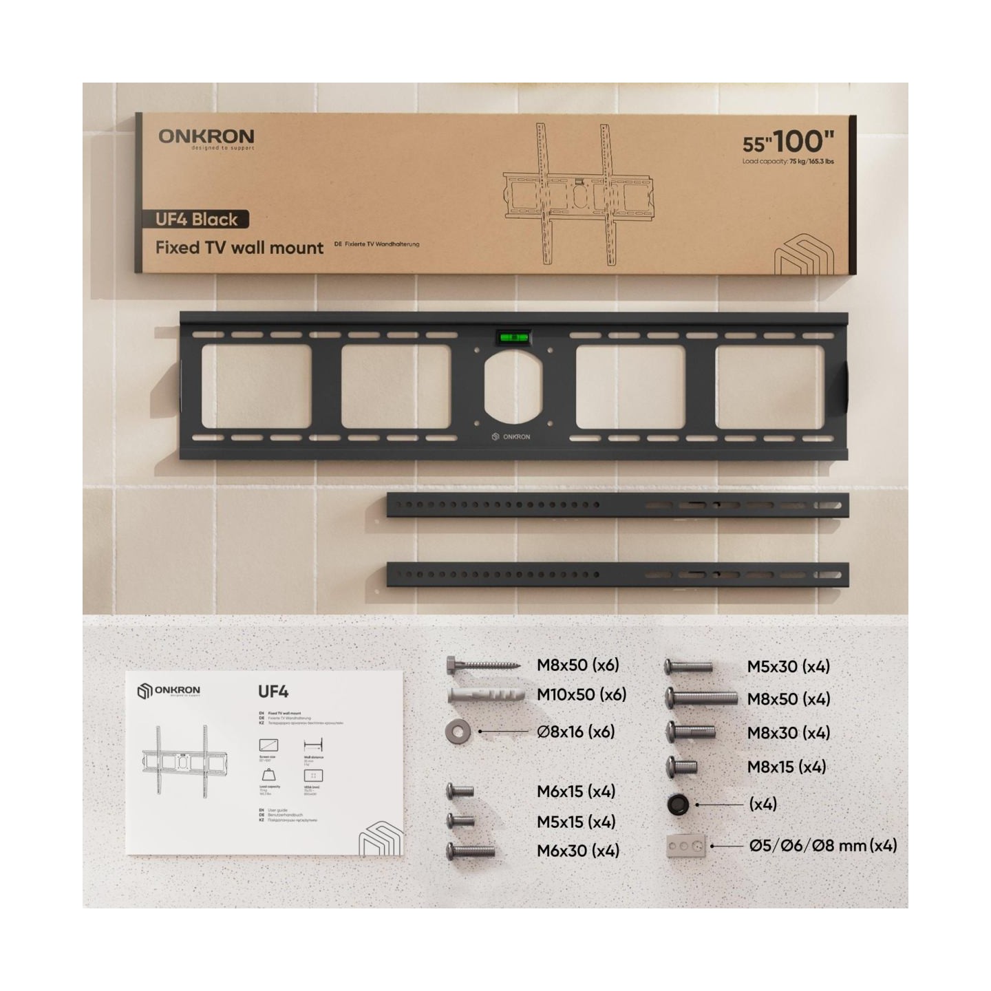 Onkron Fixed TV Wall Mount for 55 to 100-inch Flat Panel TVs Digital Panels 75 kg, Black