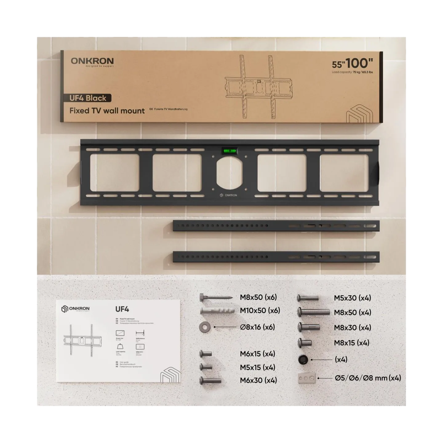 Onkron Fixed TV Wall Mount for 55 to 100-inch Flat Panel TVs Digital Panels 75 kg, Black