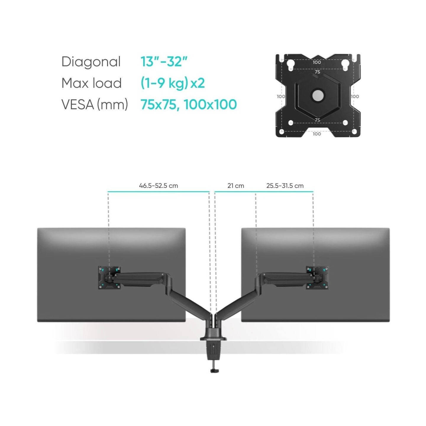 Onkron Dual Monitor Desk Mount Stand for 13 to 32-Inch LCD LED Monitors up to 9 kg, Black