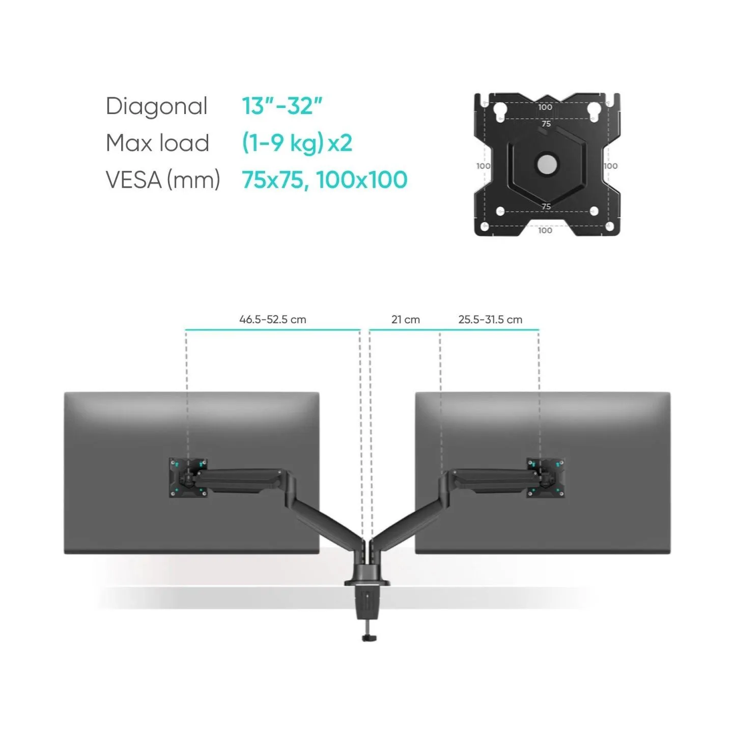 Onkron Dual Monitor Desk Mount Stand for 13 to 32-Inch LCD LED Monitors up to 9 kg, Black