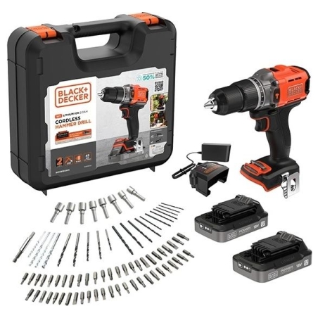 Black & Decker 18V Impact Drill (with 2 x 18V 2.0Ah batteries with charge status indicator, 1A charger and 80 accessories) | BCD