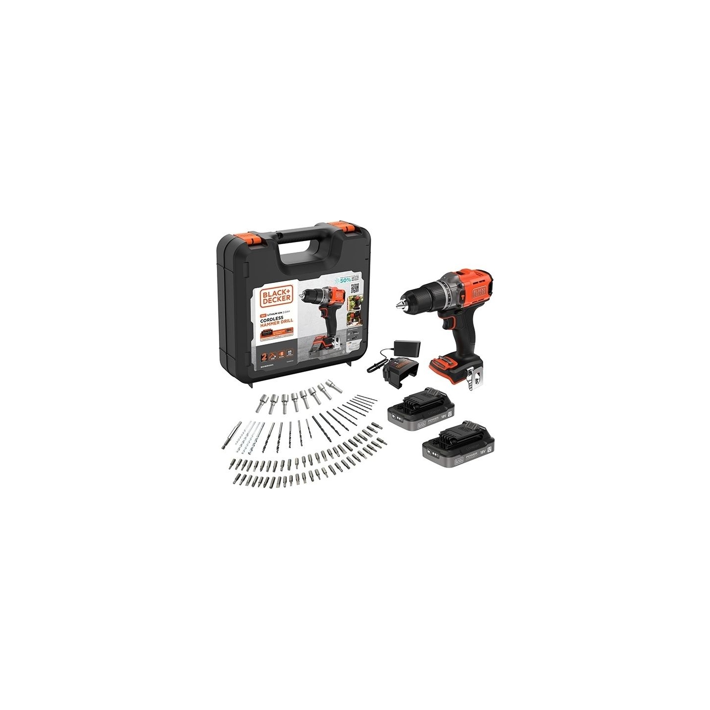 Black & Decker 18V Impact Drill (with 2 x 18V 2.0Ah batteries with charge status indicator, 1A charger and 80 accessories) | BCD