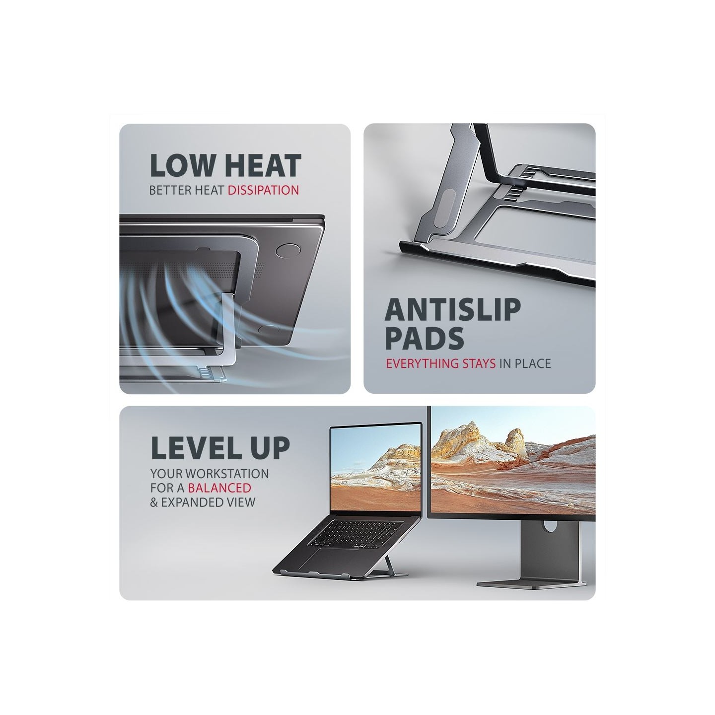 Axagon STND-LAG stand for laptops and tablets. Aluminum stand for laptops size 10-17.3. Eight adjustable height and angle. Grey.