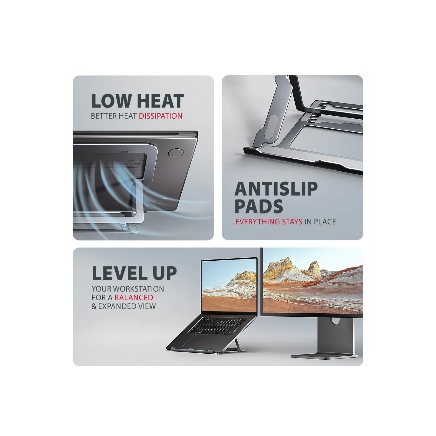 Axagon STND-LAG stand for laptops and tablets. Aluminum stand for laptops size 10-17.3. Eight adjustable height and angle. Grey.