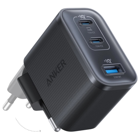 Anker Nano Charger 70W, 3 ports, Black | 2 x 24 pin USB-C, 4 pin USB Type A
