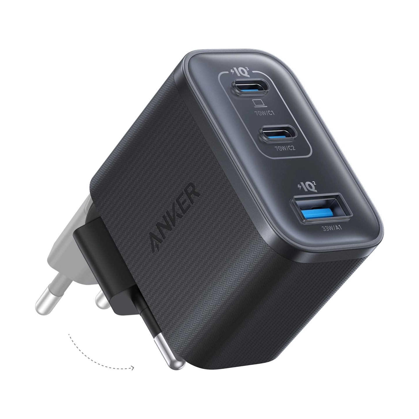 Anker Nano Charger 70W, 3 ports, Black | 2 x 24 pin USB-C, 4 pin USB Type A