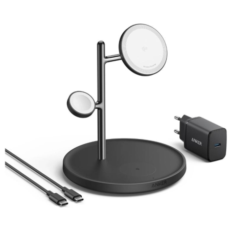 Anker MagGo Wireless Charging Station (15W, 3-in-1 Stand) with cable and charger bundle | Anker