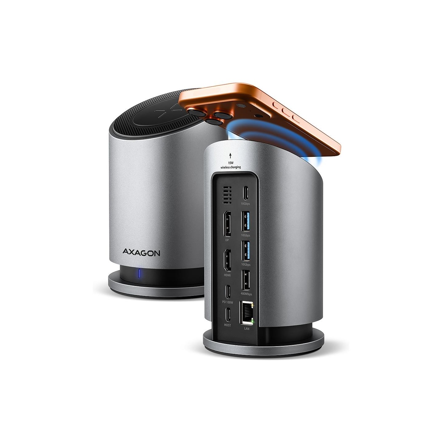 Axagon MC-WL9 USB-C 10Gbps Wireless Charging 9in1 hub