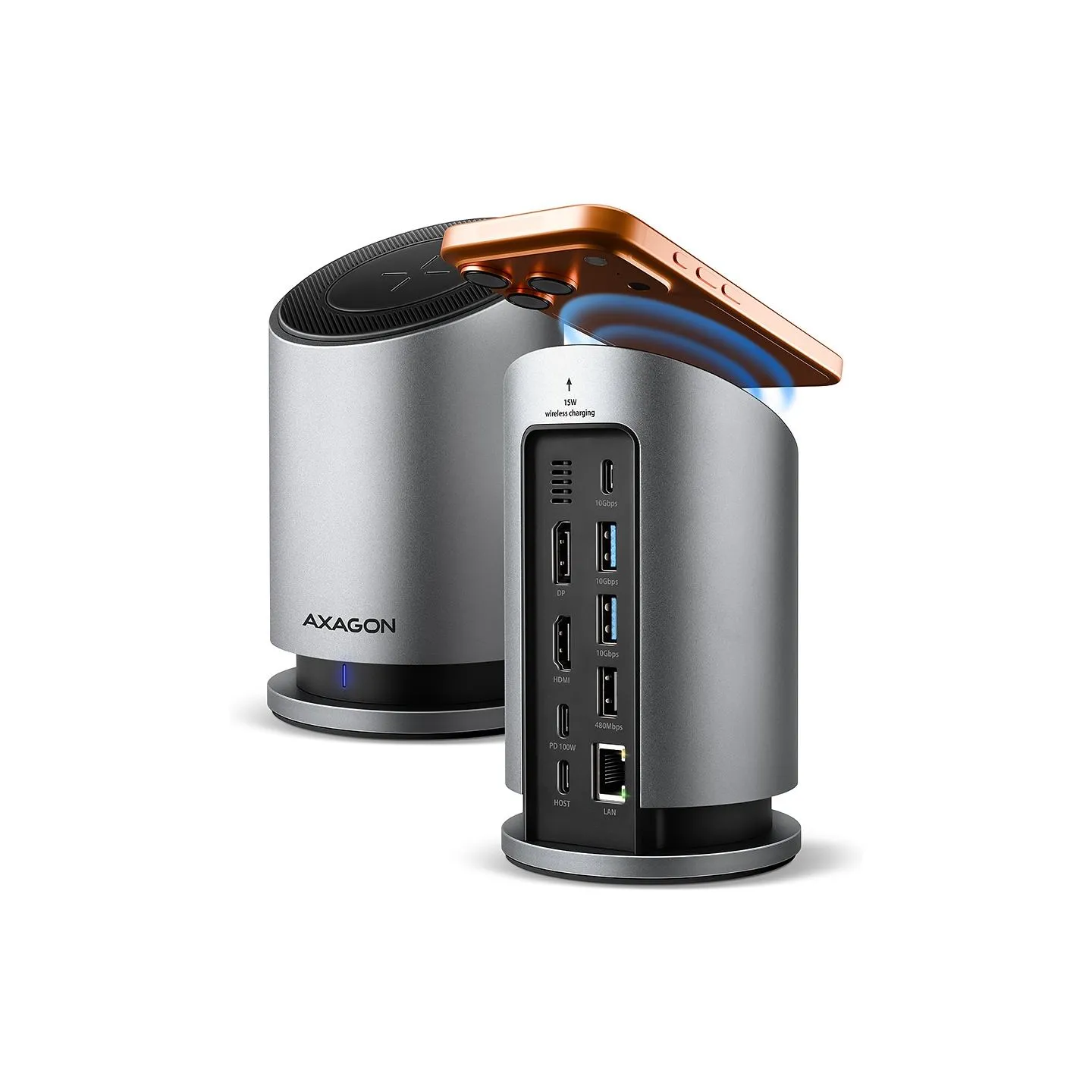 Axagon MC-WL9 USB-C 10Gbps Wireless Charging 9in1 hub