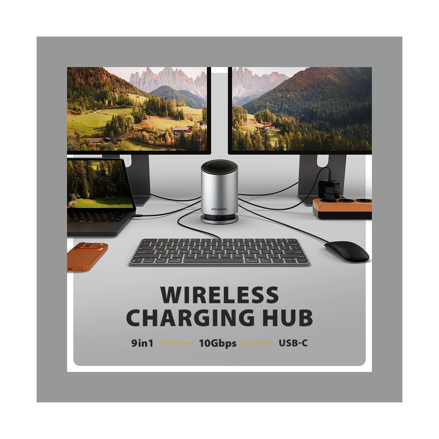 Axagon HMC-WL9 USB hub 9in1 HDMI DP GLAN PD wir cha
