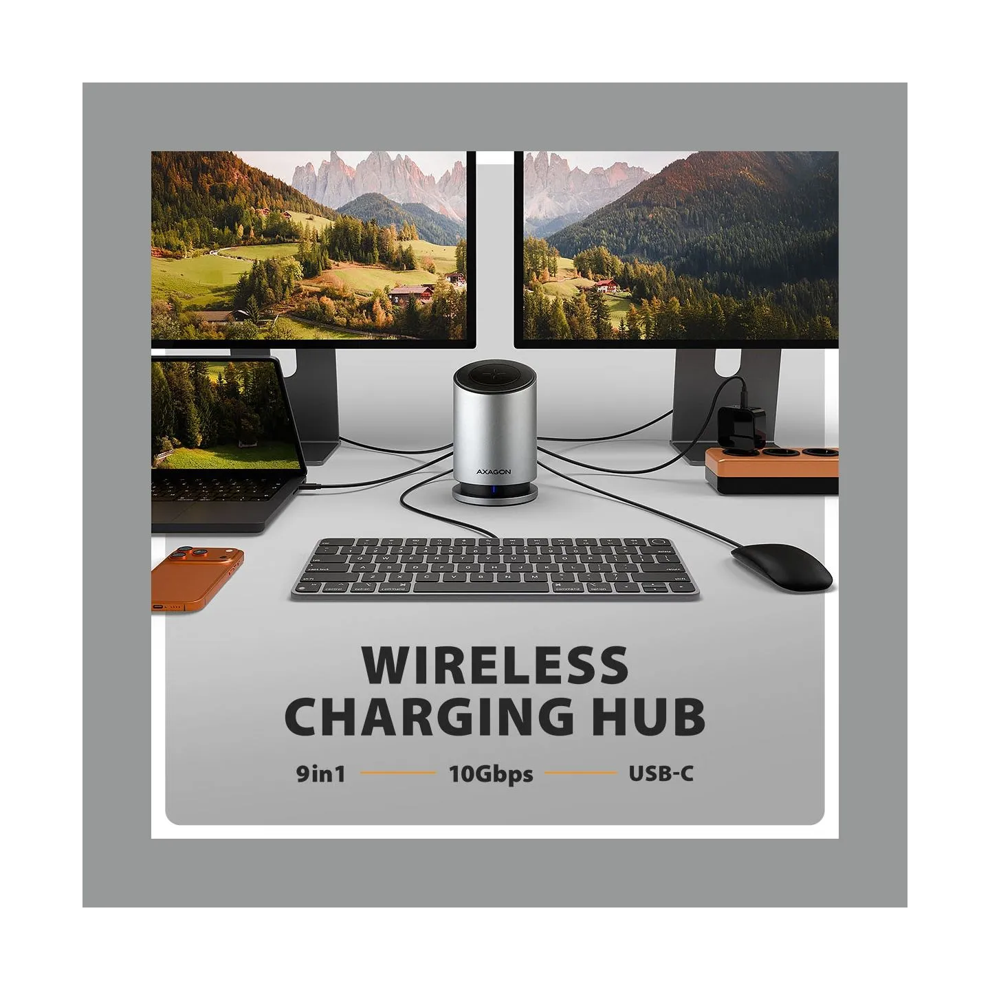 Axagon MC-WL9 USB-C 10Gbps Wireless Charging 9in1 hub