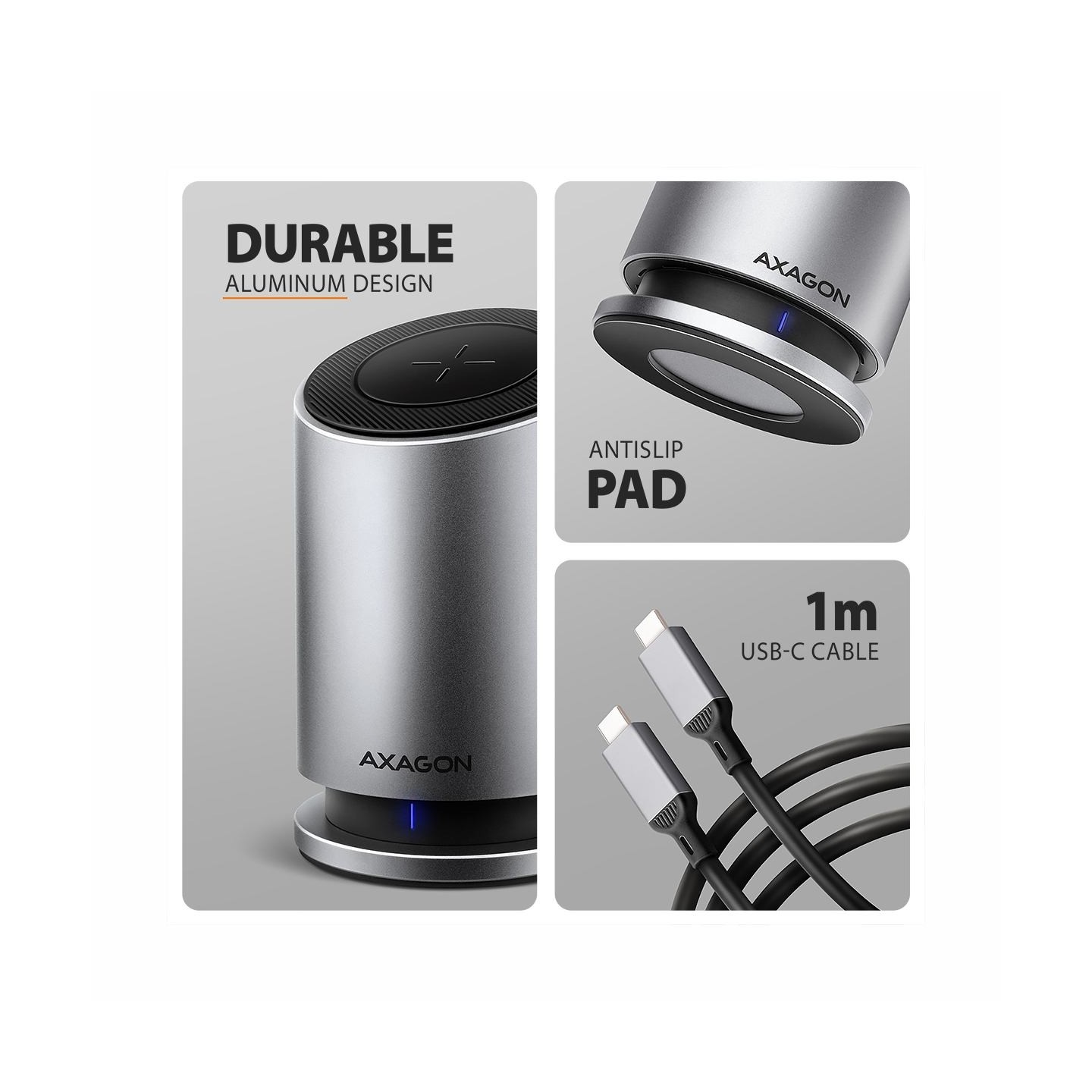 Axagon MC-WL9 USB-C 10Gbps Wireless Charging 9in1 hub