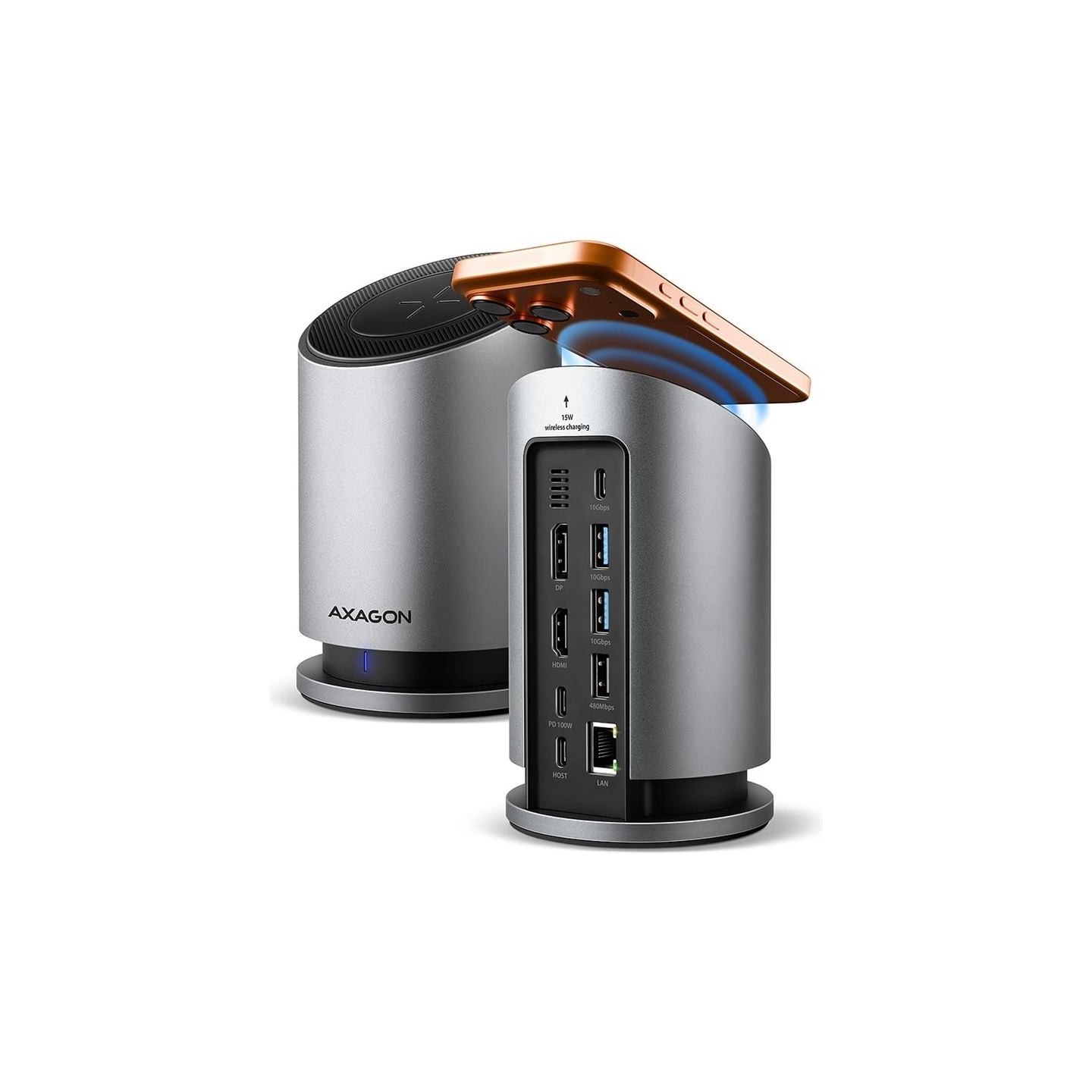 Axagon MC-WL9 USB-C 10Gbps Wireless Charging 9in1 hub