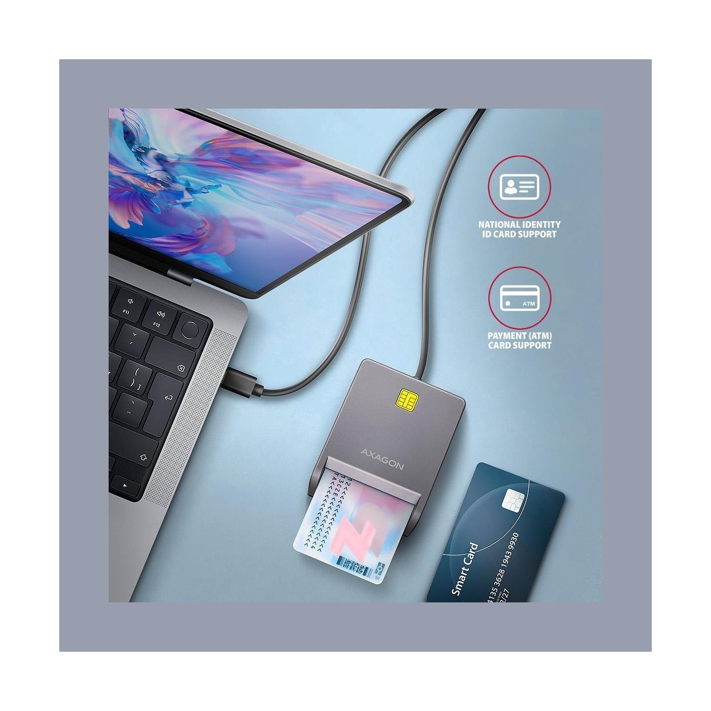 Axagon CRE-SM3TC USB-C Smart card/ID card FlatReader, 1.2m cable