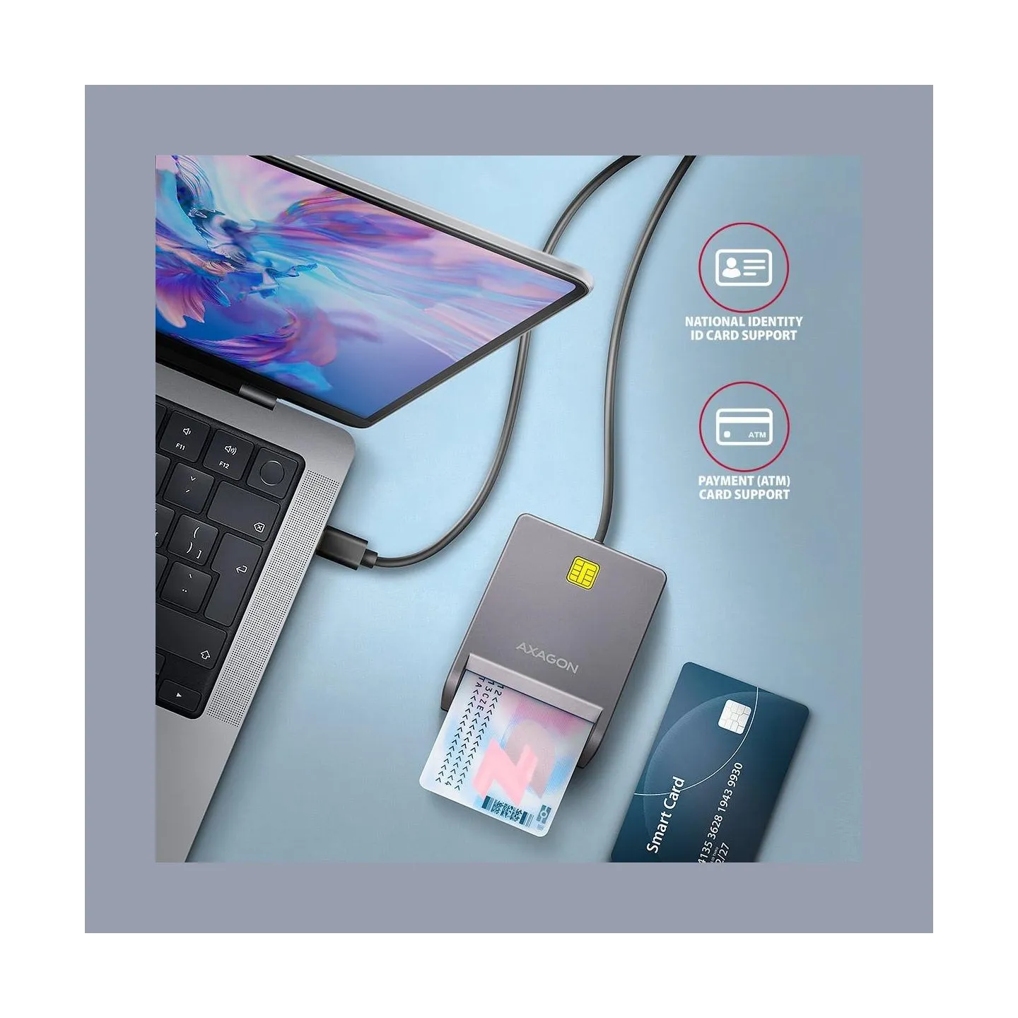 Axagon CRE-SM3TC USB-C Smart card/ID card FlatReader, 1.2m cable