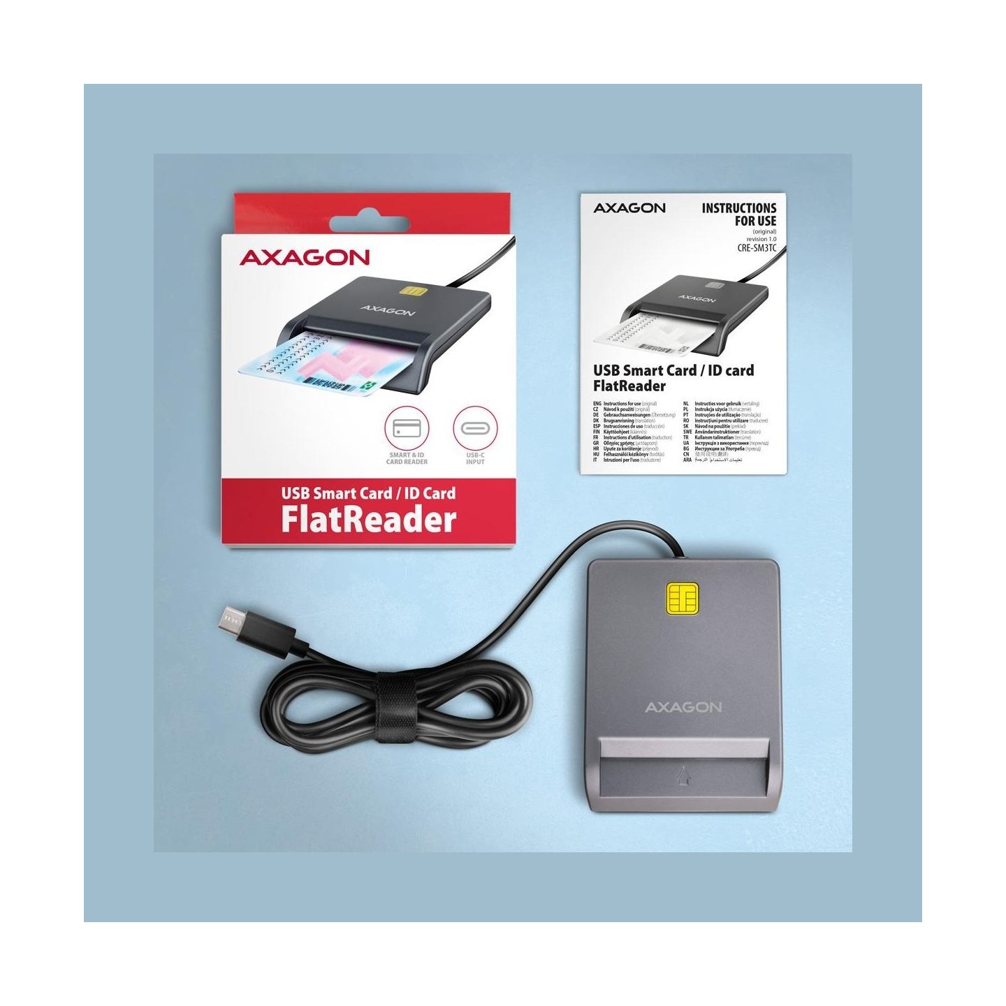Axagon CRE-SM3TC USB-C Smart card/ID card FlatReader, 1.2m cable