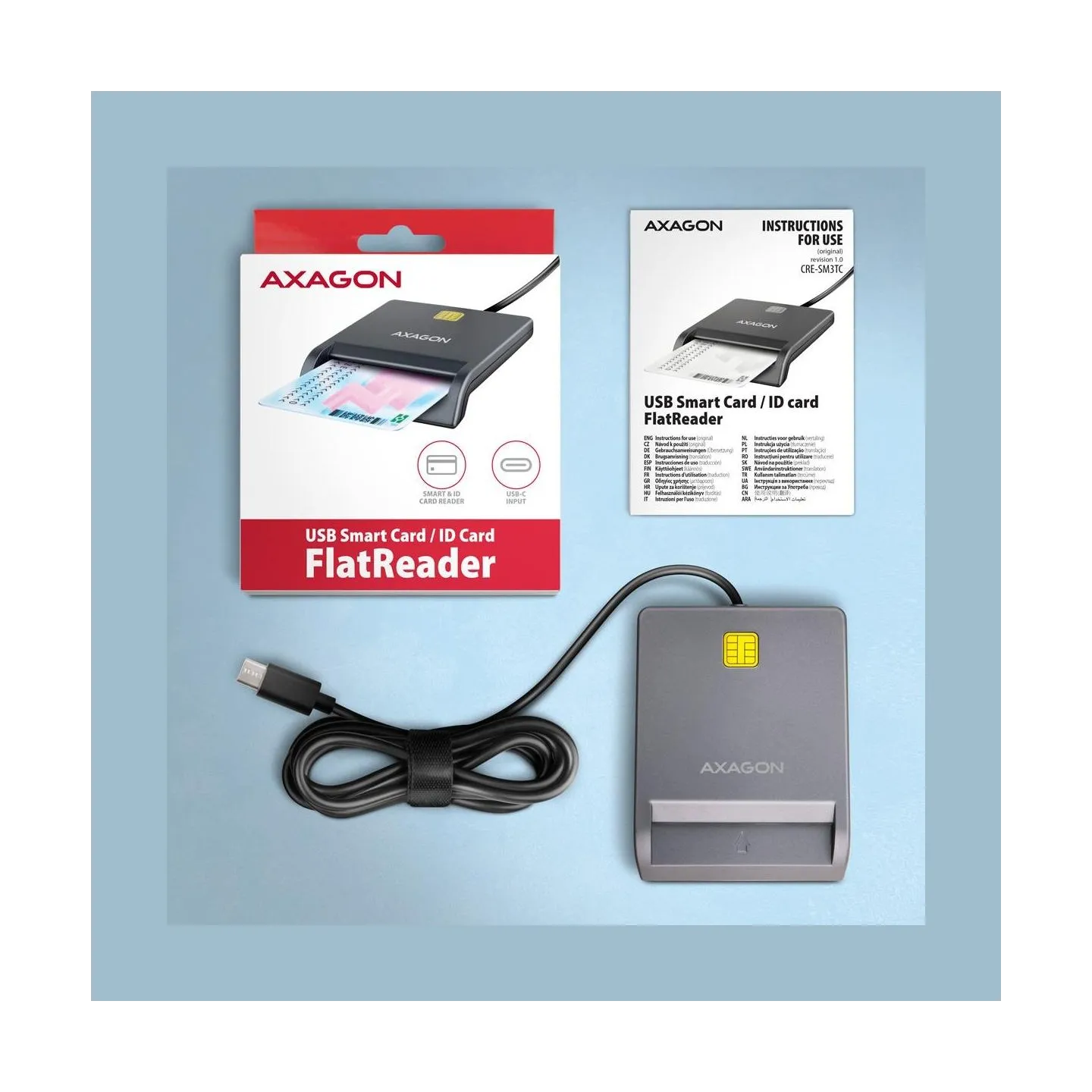 Axagon CRE-SM3TC USB-C Smart card/ID card FlatReader, 1.2m cable