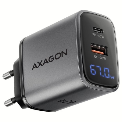 Axagon ACU-PQ67D PD3.0 & QC4+2xOUTPUTS, LCD display, wall charger 67W