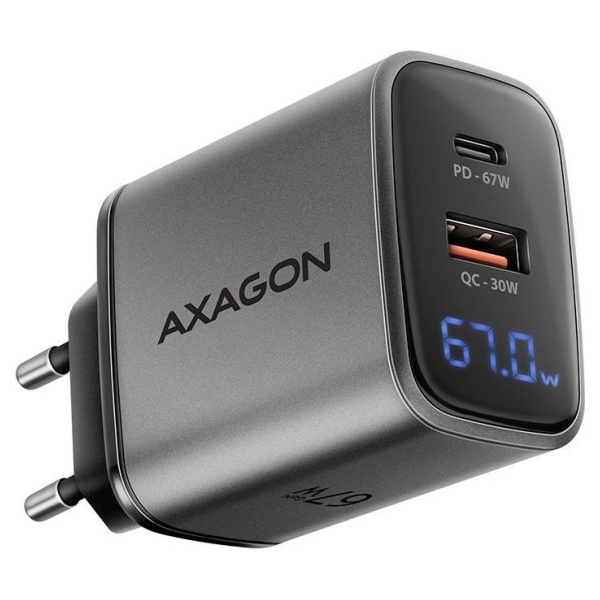 Axagon ACU-PQ67D PD3.0 & QC4+2xOUTPUTS, LCD display, wall charger 67W