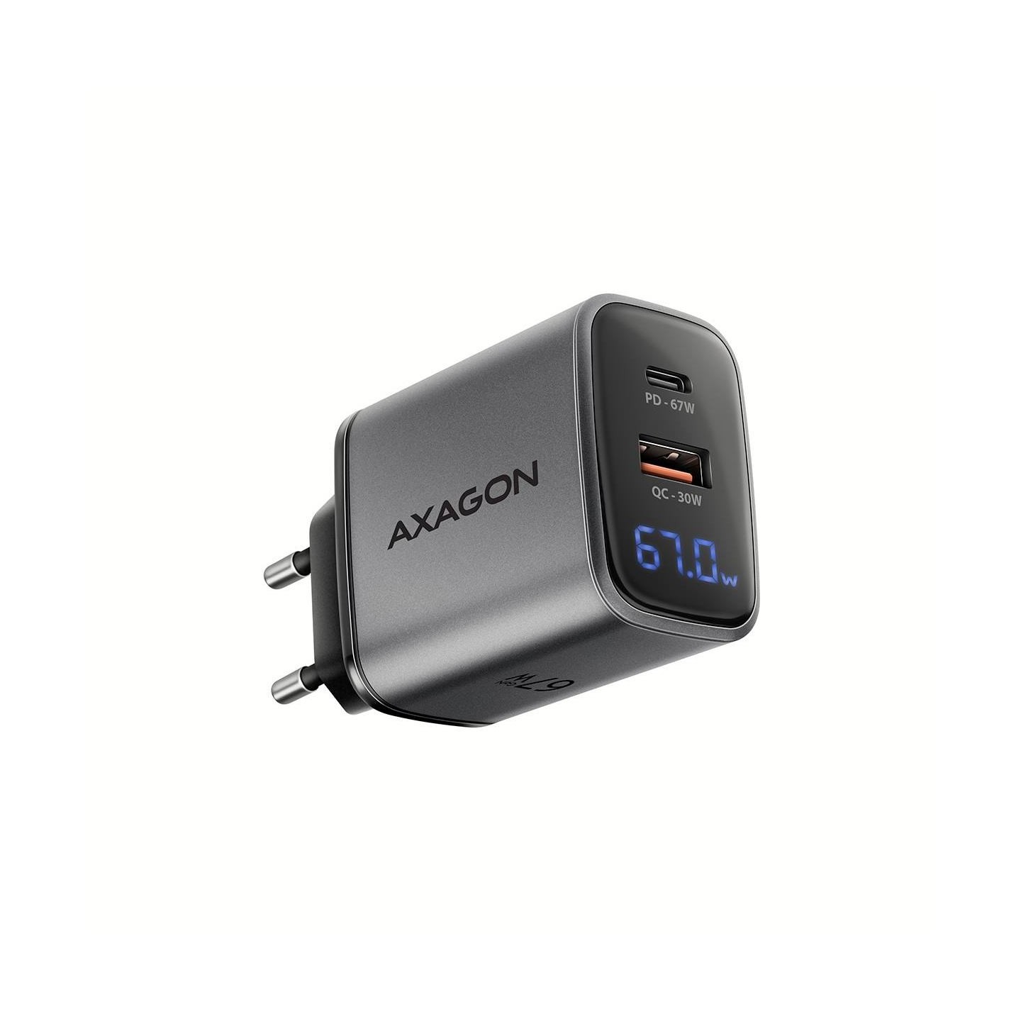 Axagon ACU-PQ67D PD3.0 & QC4+2xOUTPUTS, LCD display, wall charger 67W