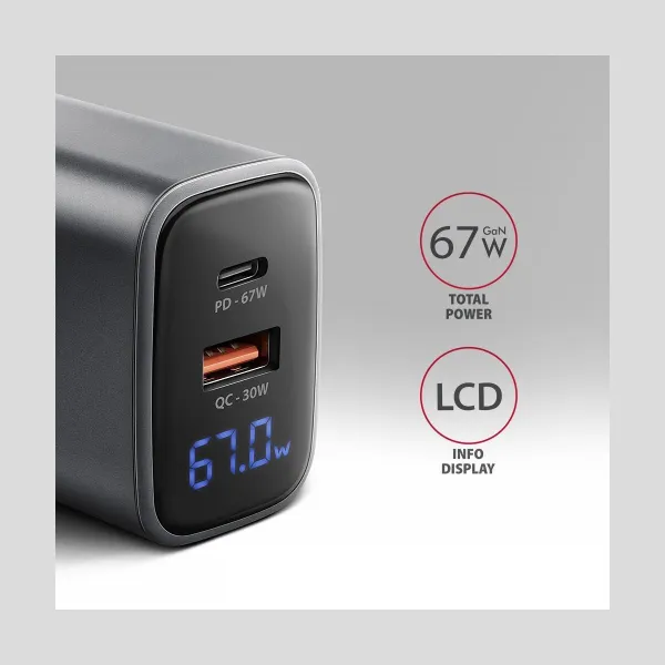Axagon ACU-PQ67D PD&QC 67W wal l charger LED display