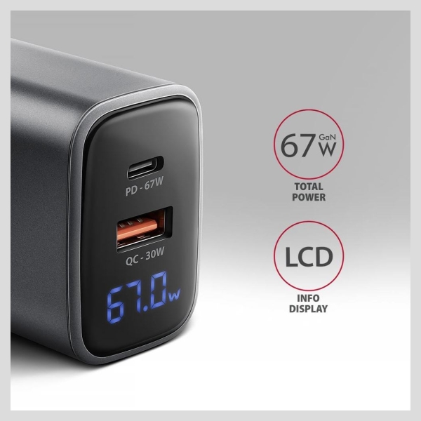 Axagon ACU-PQ67D PD3.0 & QC4+2xOUTPUTS, LCD display, wall charger 67W