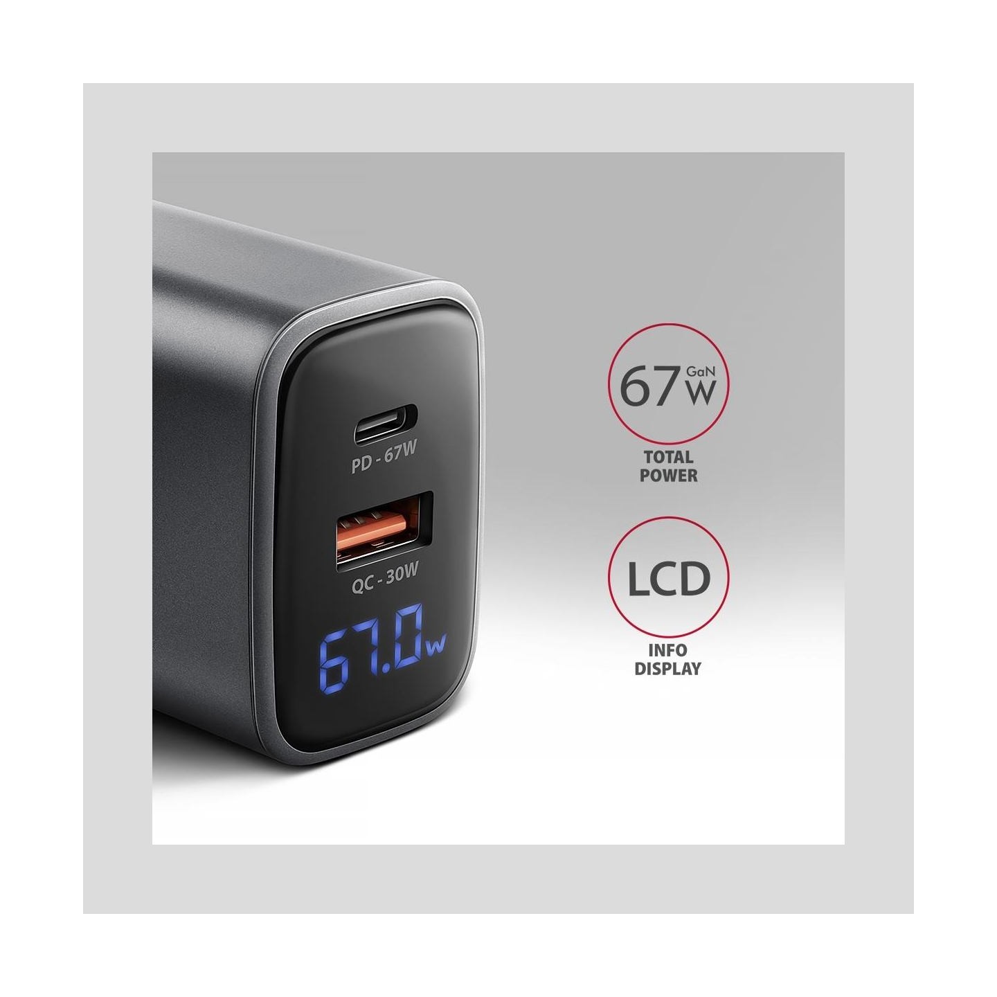 Axagon ACU-PQ67D PD&QC 67W wal l charger LED display