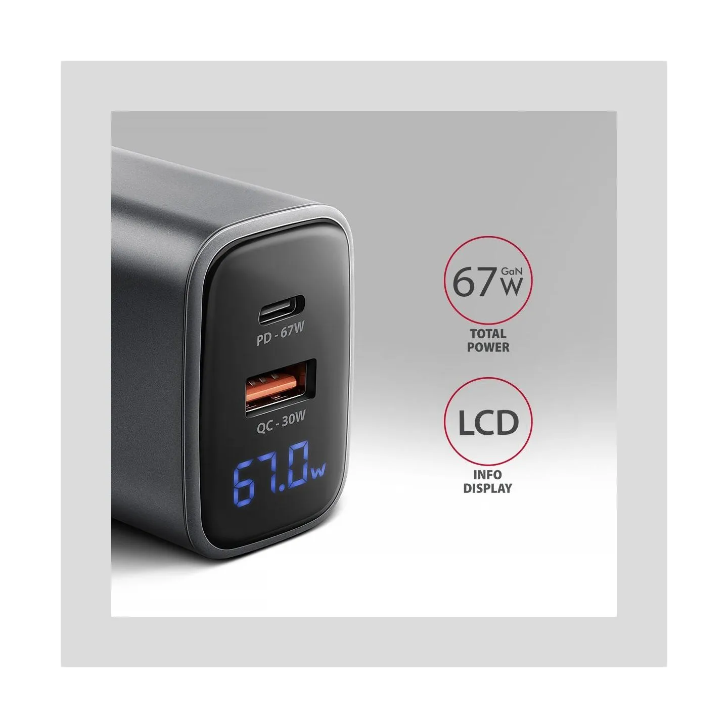 Axagon ACU-PQ67D PD&QC 67W wal l charger LED display