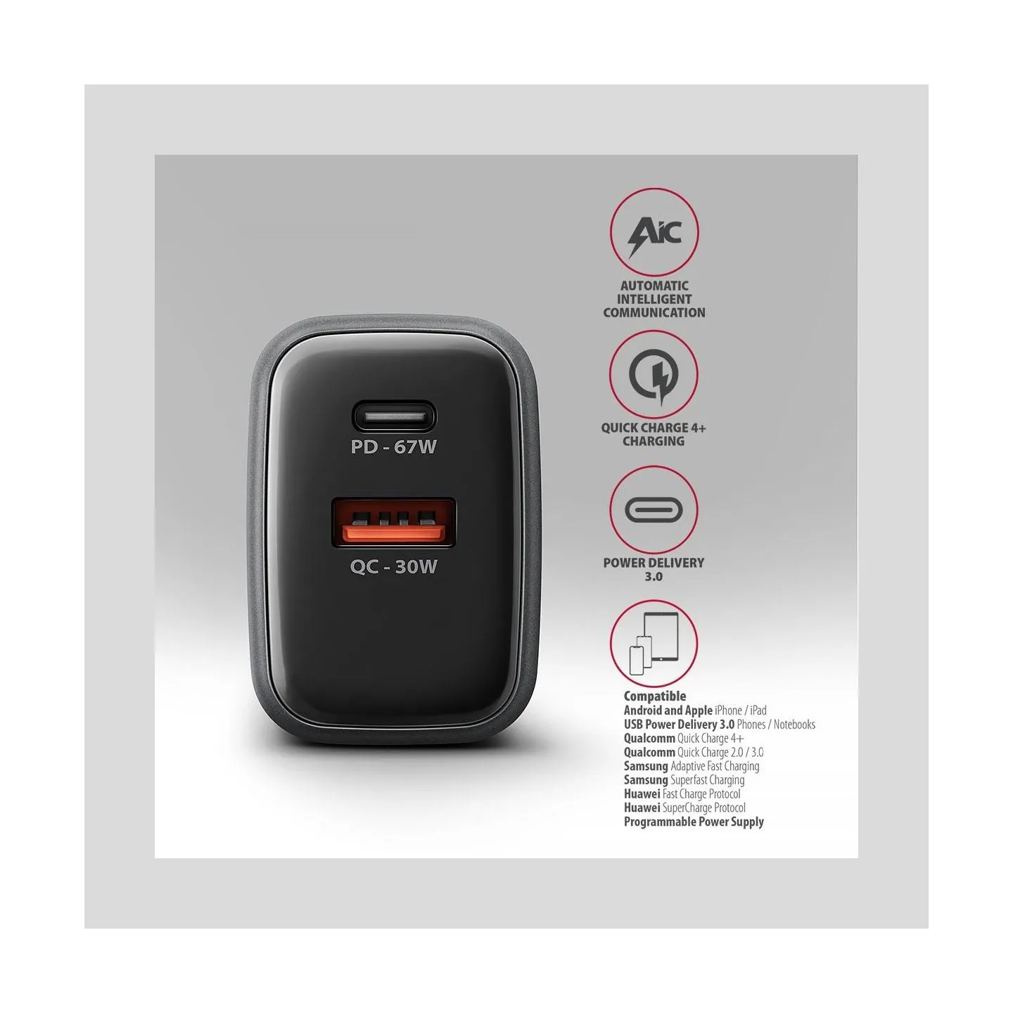 Axagon ACU-PQ67D PD3.0 & QC4+2xOUTPUTS, LCD display, wall charger 67W
