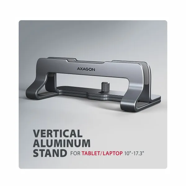 Axagon STND-VG vertical stand for laptops and tablets. Aluminum stand for vertical insertion of laptops sized 10-17.3. Adjustabl