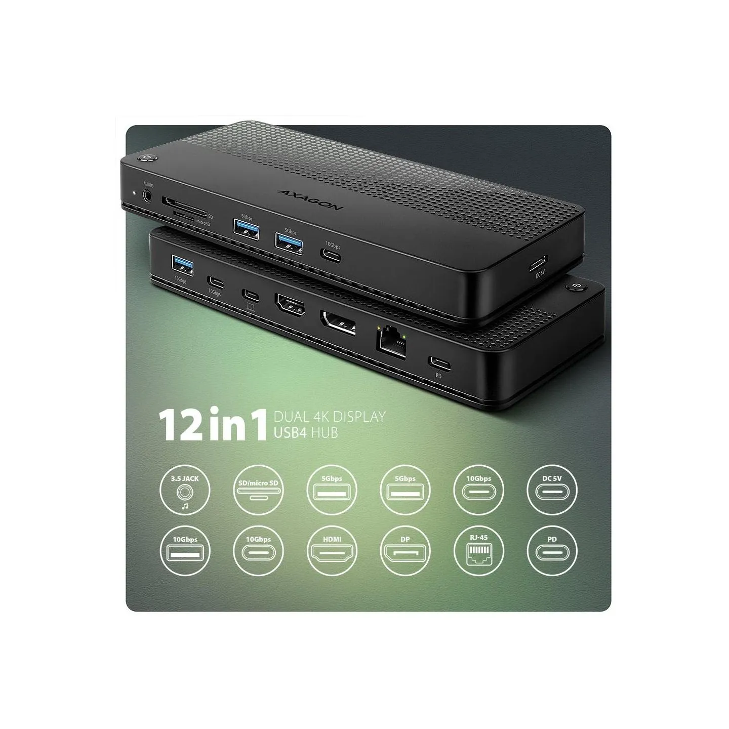 Axagon HMC-U4 USB hub 12in1 40Gbps LAN HDMI DP PD
