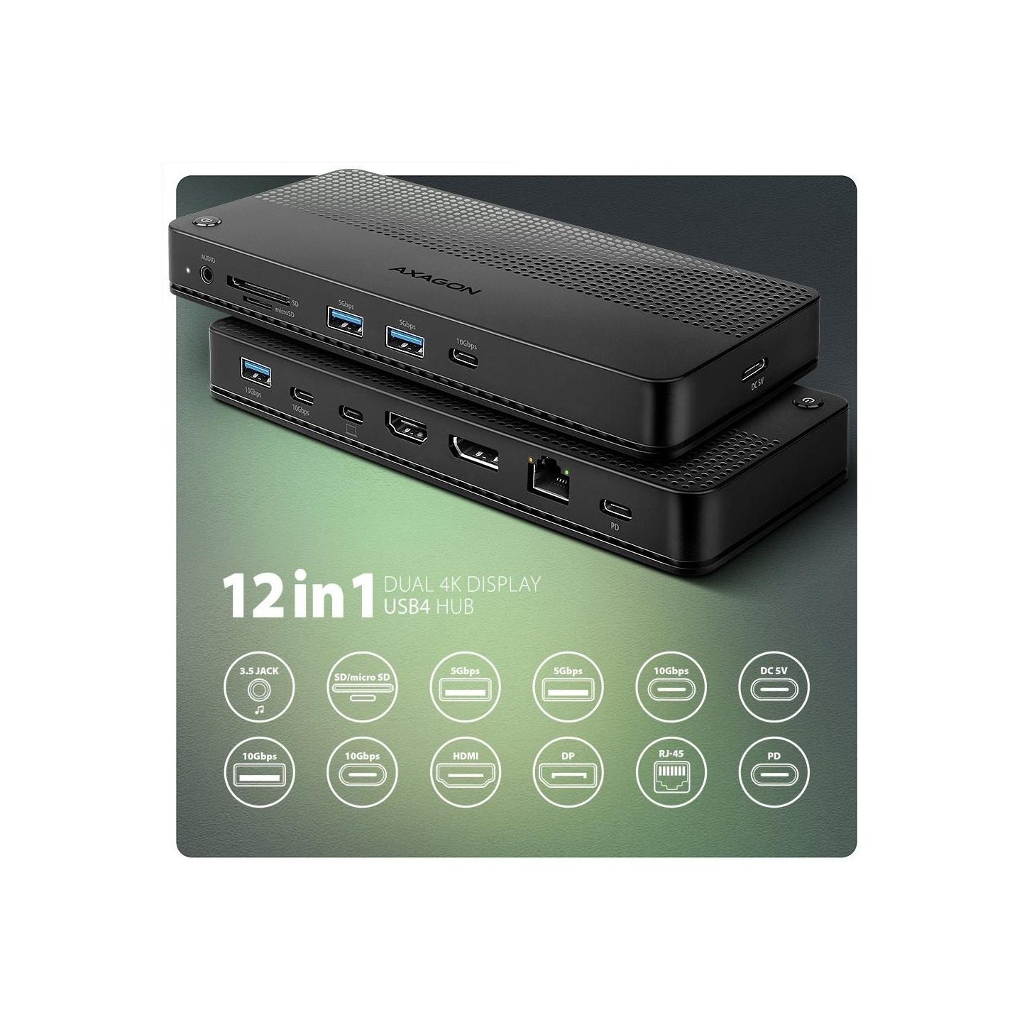 Axagon HMC-U4 USB4 dock, 3x USB-A, 2x USB-C, HDMI & DP 8K/30Hz, RJ-45, SD/mSD, audio, PD  