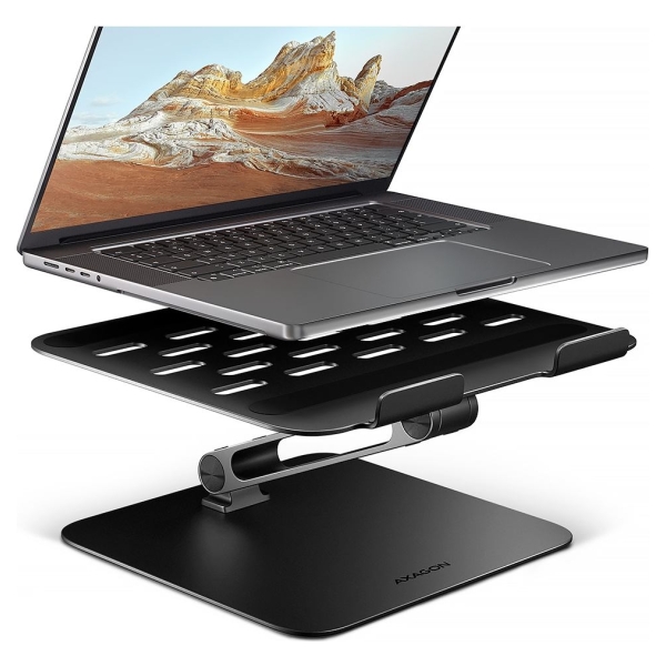 Axagon STND-LQB stand for notebooks and tablets. Aluminum HQ stand for laptops size 10-17.3. Adjustable height and angle. Black.