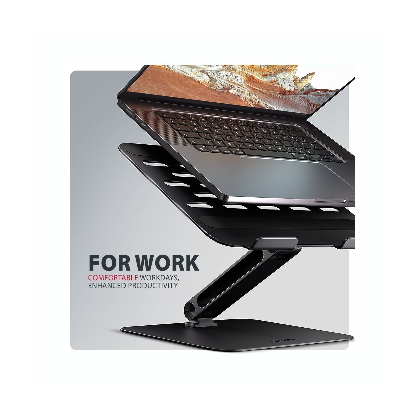 Axagon STND-LQB stand for notebooks and tablets. Aluminum HQ stand for laptops size 10-17.3. Adjustable height and angle. Black.