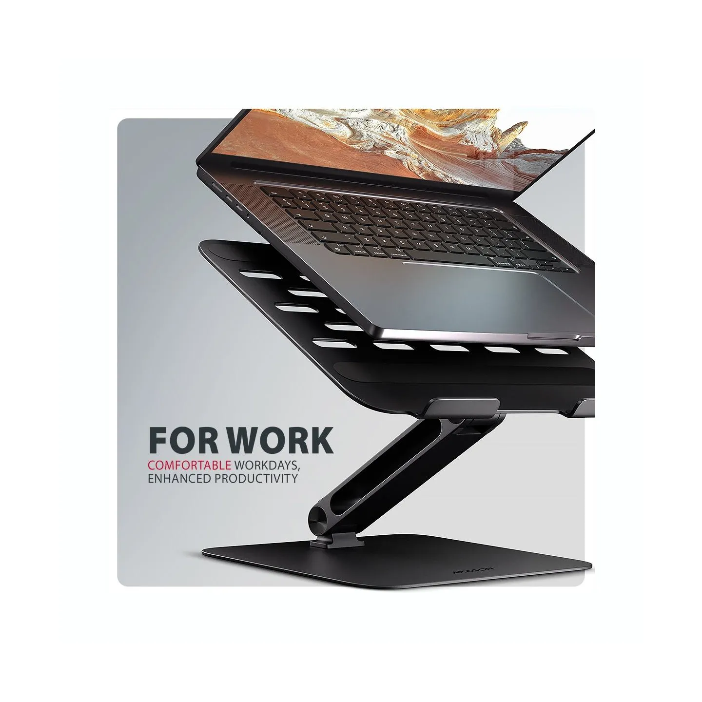Axagon STND-LQB stand for notebooks and tablets. Aluminum HQ stand for laptops size 10-17.3. Adjustable height and angle. Black.