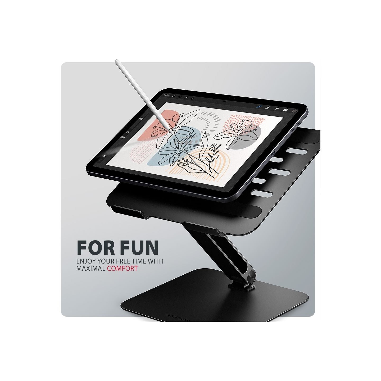 Axagon STND-LQB stand for notebooks and tablets. Aluminum HQ stand for laptops size 10-17.3. Adjustable height and angle. Black.