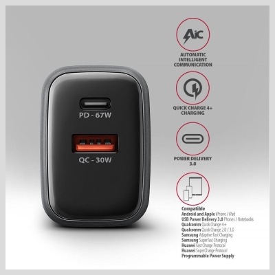 Axagon Wall charger ACU-PQ67 67W, GaN, USB-A + USB-C