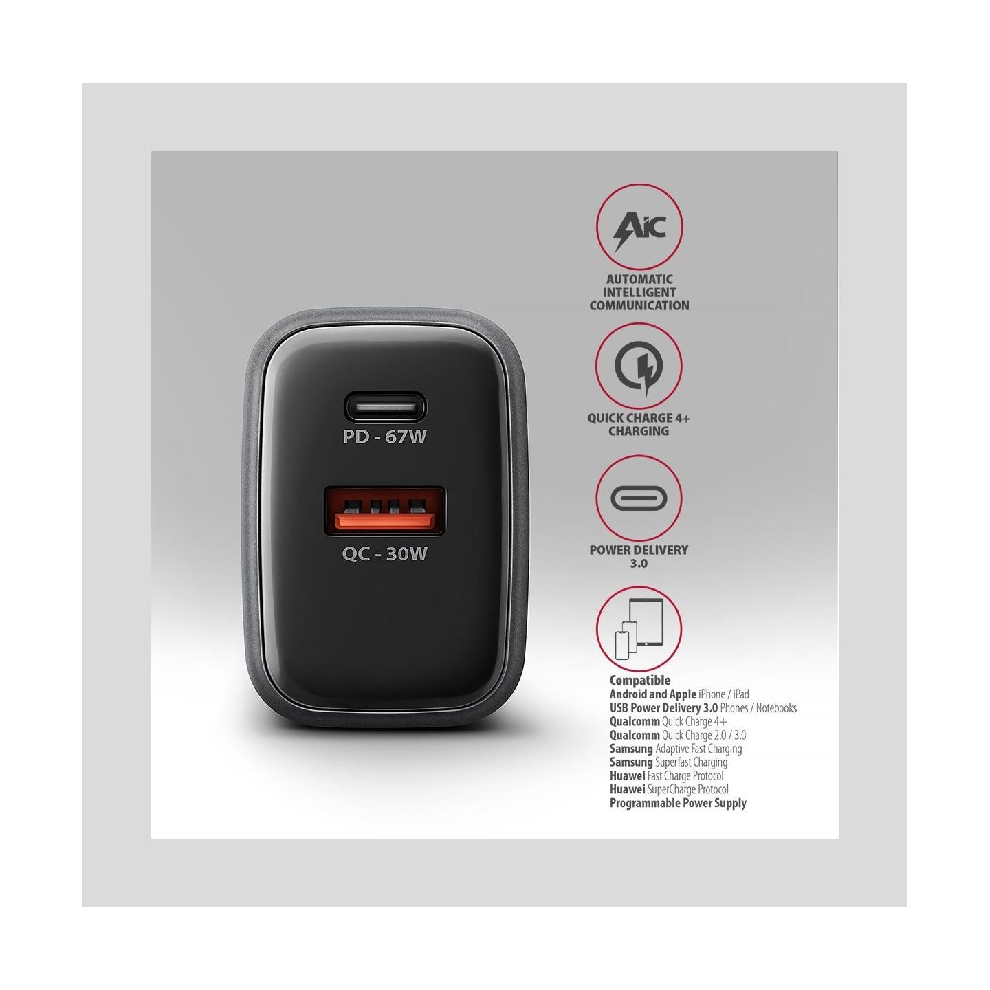 Axagon ACU-PQ67 PD3.0 & QC4+2xOUTPUTS wall charger 67W