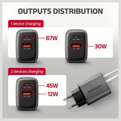 Axagon Wall charger ACU-PQ67 67W, GaN, USB-A + USB-C