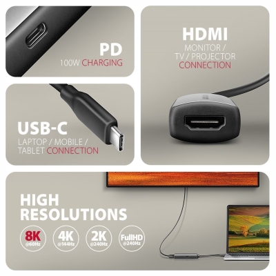 Axagon RVC-HI8KPD USB-C HDMI 8K adapter ALU PD 100W