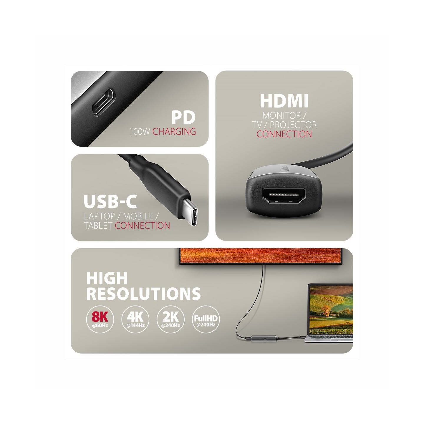 Axagon RVC-HI8KPD USB-C - HDMI 2.1 adapter, 8K/60Hz, 4K/144Hz, HDR10+, PD 100W