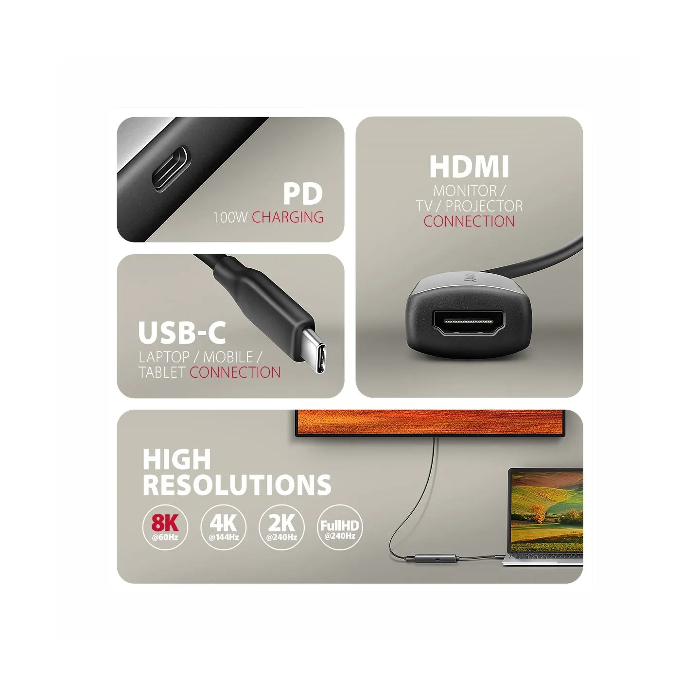 Axagon RVC-HI8KPD USB-C HDMI 8K adapter ALU PD 100W