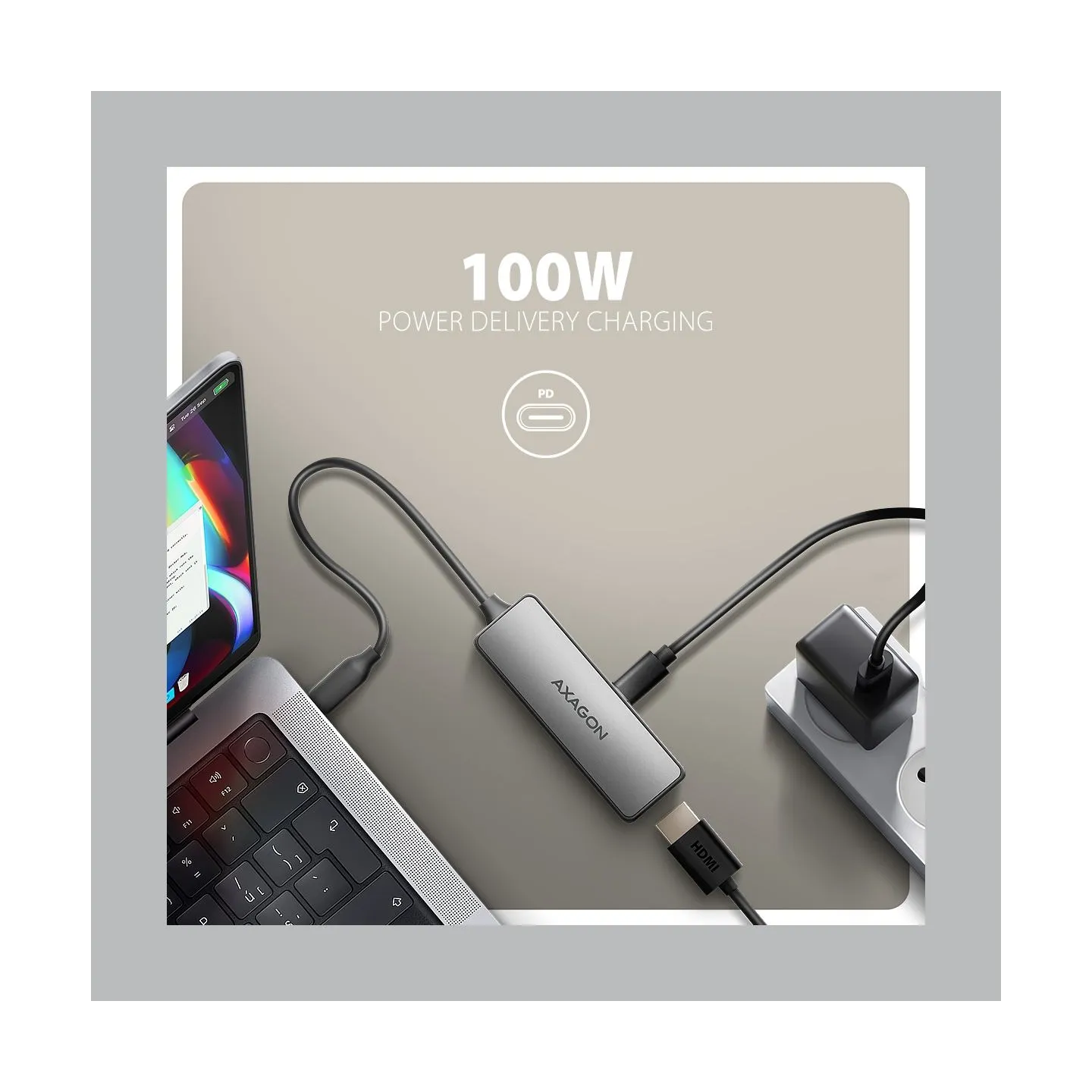 Axagon RVC-HI8KPD USB-C HDMI 8K adapter ALU PD 100W
