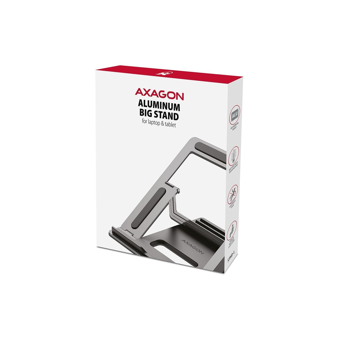 Axagon STND-L NOTEBOOK STANDAluminum stand for 10“ – 16“ notebooks. Four adjustable positions.