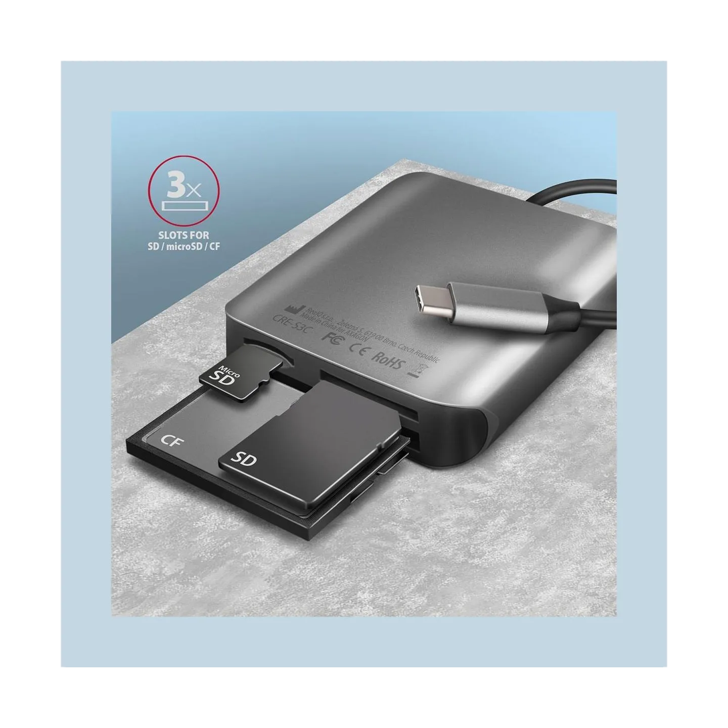 Axagon Aluminum high-speed USB-C 3.2 Gen 1 memory card reader. 3 slots, UHS-II.