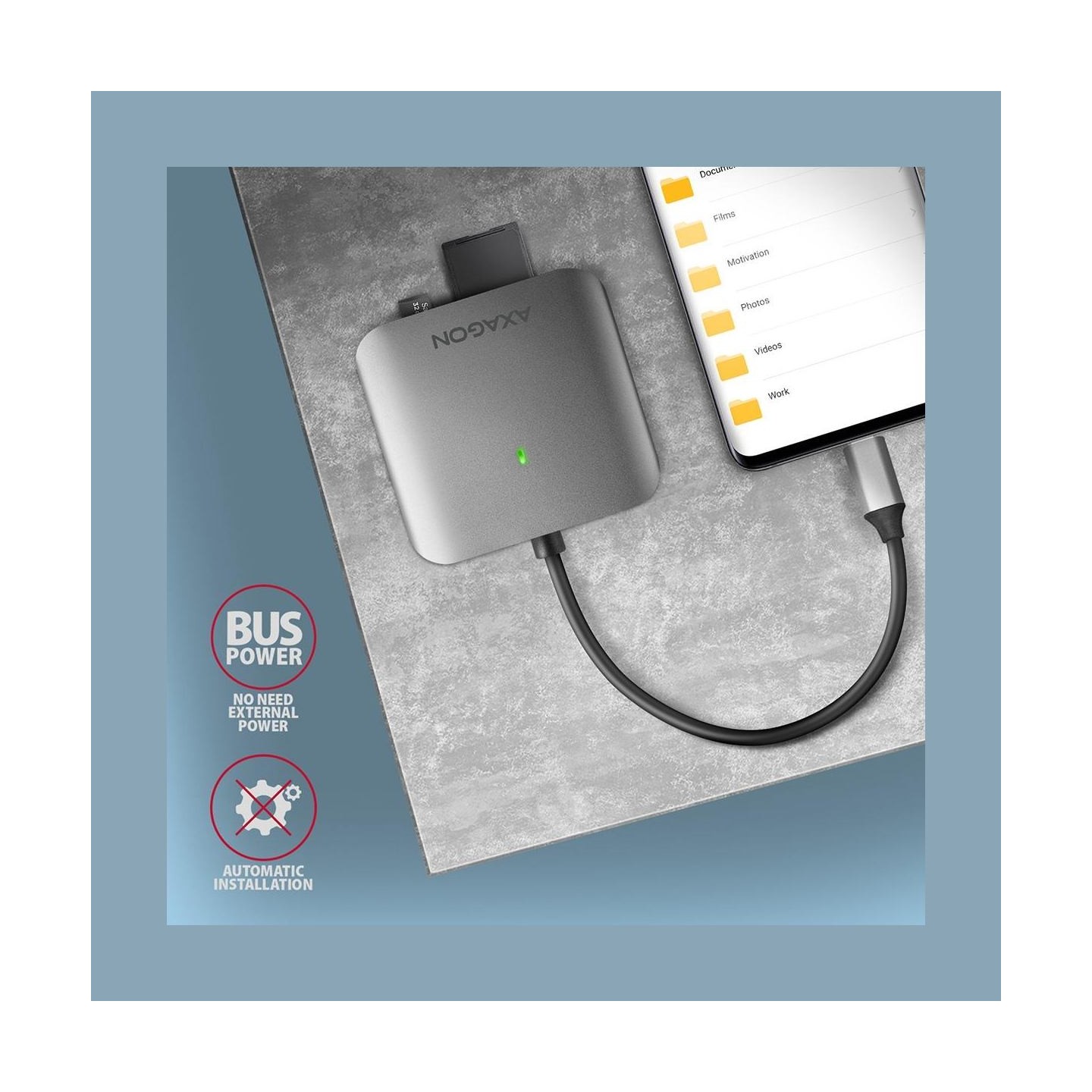 Axagon Aluminum high-speed USB-C 3.2 Gen 1 memory card reader. 3 slots, UHS-II.