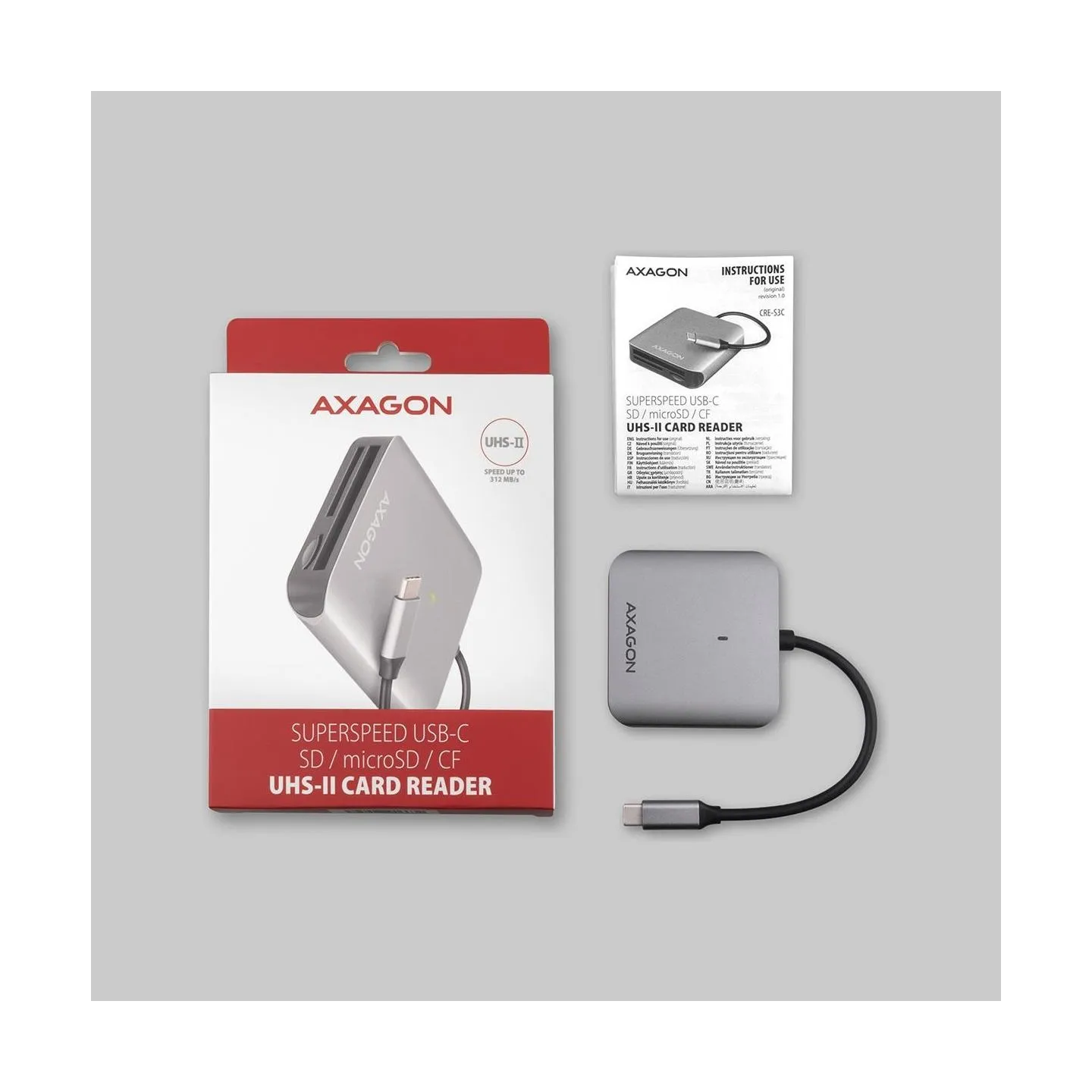 Axagon Aluminum high-speed USB-C 3.2 Gen 1 memory card reader. 3 slots, UHS-II.