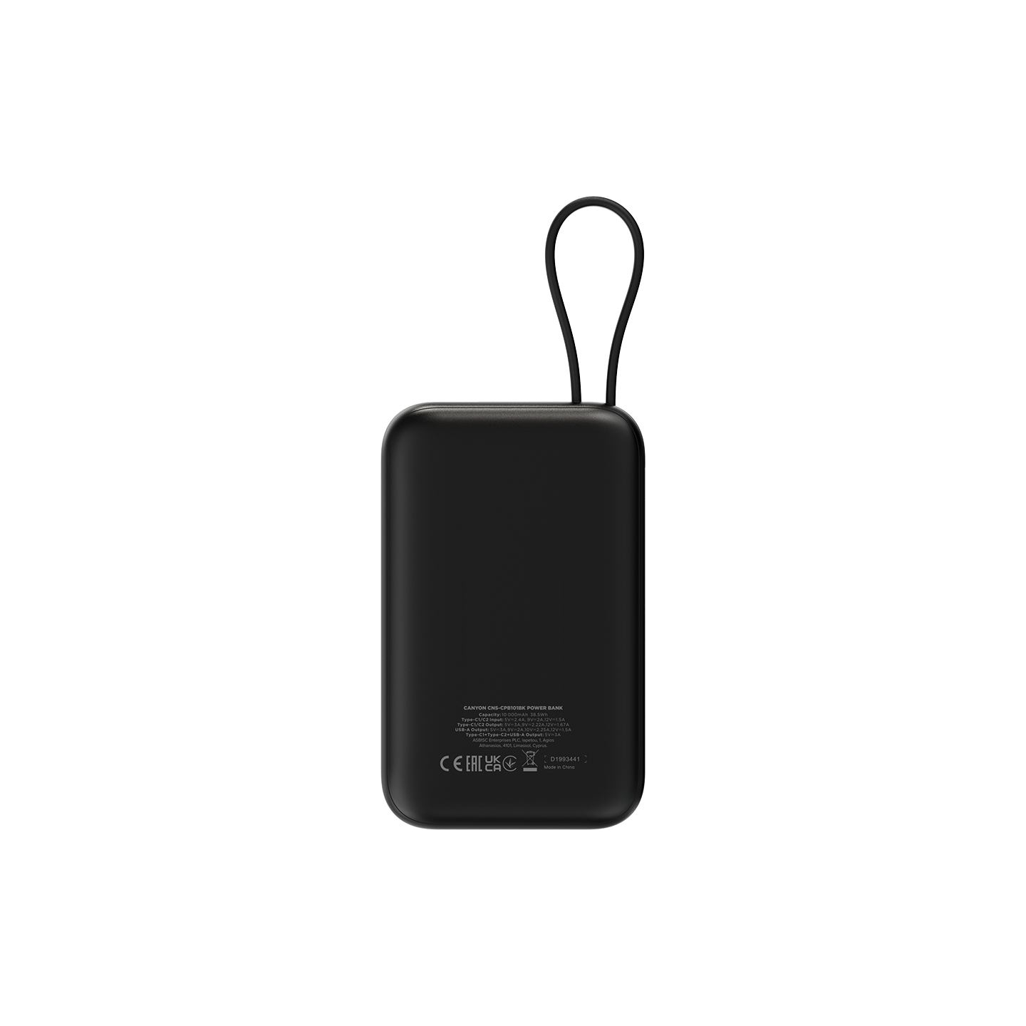 Canyon power bank OnPower 101 built-in cable 10000 mAh PD22.5W Black